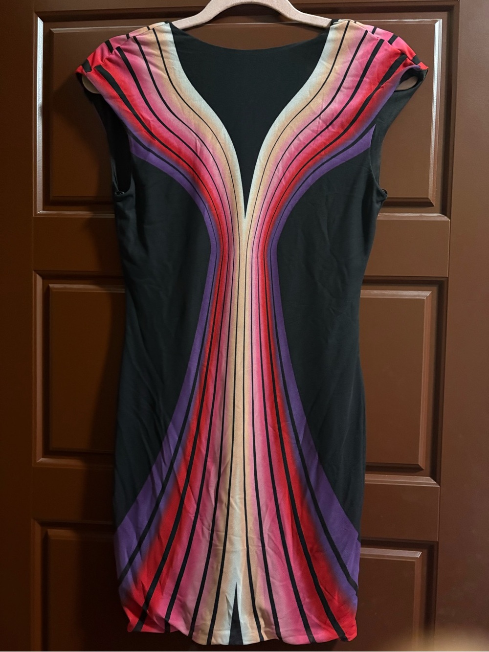 Black Midi Dress with Pink, Purple & Cream Gradient Stripe Detail